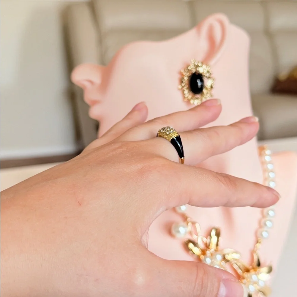 Classic Black Enamel and Gold Band Ring with Crystal Accents